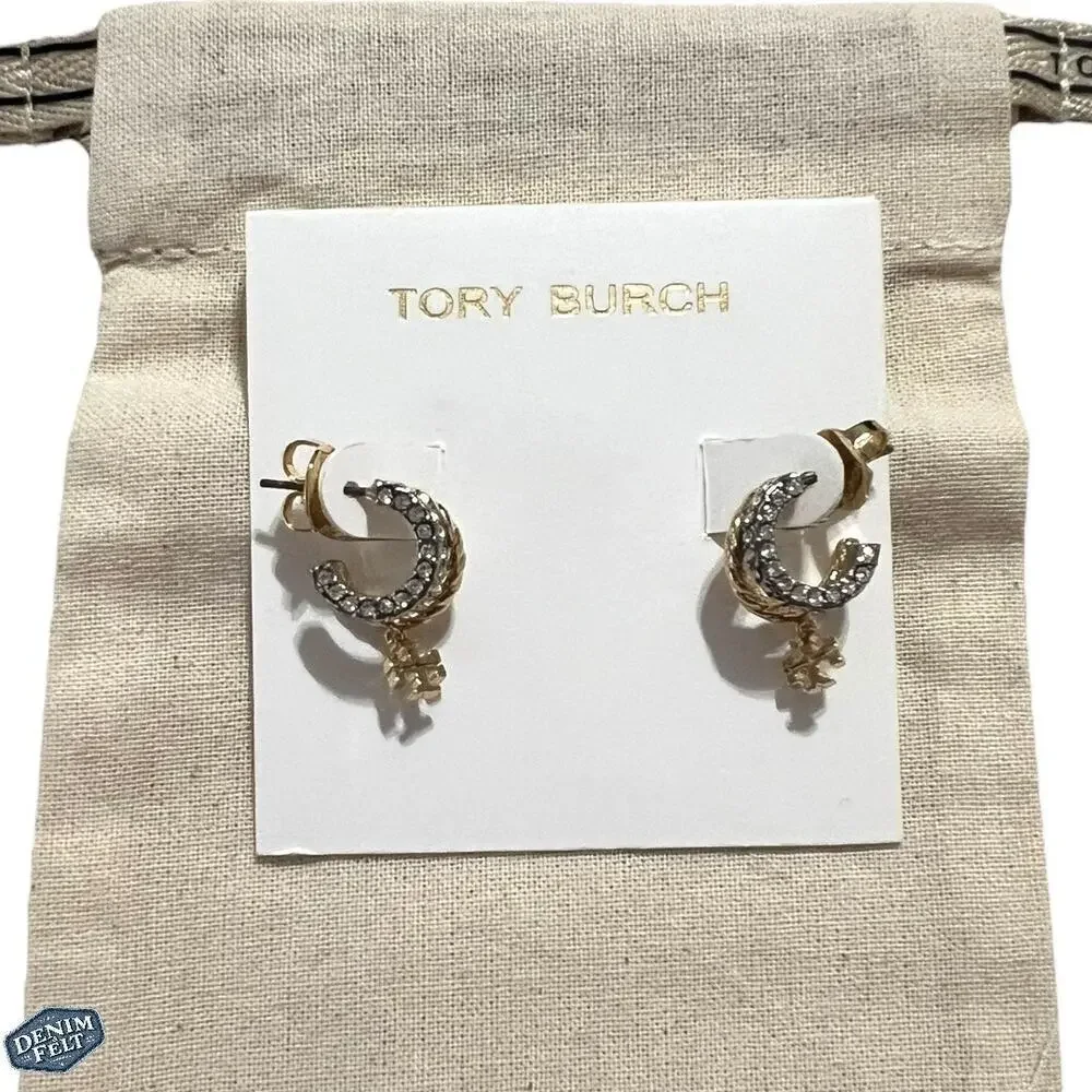 Tory‎ Burch Women’s Gold/Silver TEXTURED ROPE PAVE HUGGIE EARRINGS | NEW!!
